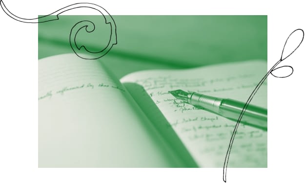 R&R photo bicolore avec éléments décoratifs d'un stylo plume sur un cahier
